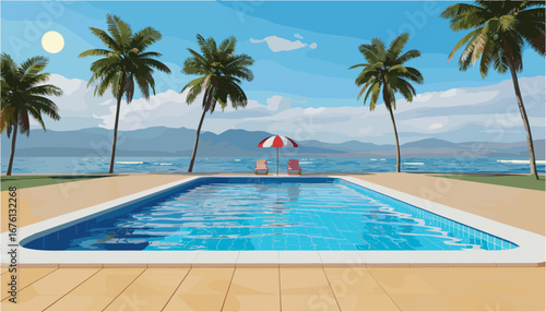 Tropical resort swimming pool with palm trees and ocean view Keywords: swimming pool, resort, vacation, tropical, palm