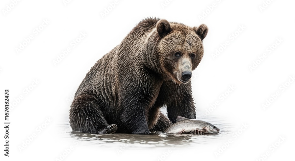 Obraz premium Grizzly bear sitting by river with fish in its paws 