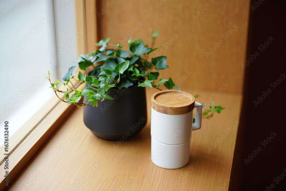 Fototapeta premium A plant in a pot on a table by the window with a natural and decorative feel