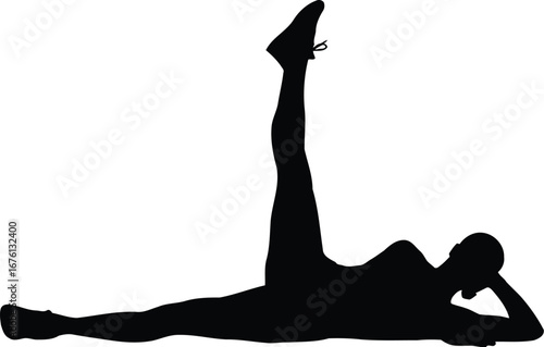 Silhouette of a woman lying on her side doing a leg lift exercise, isolated on transparent background