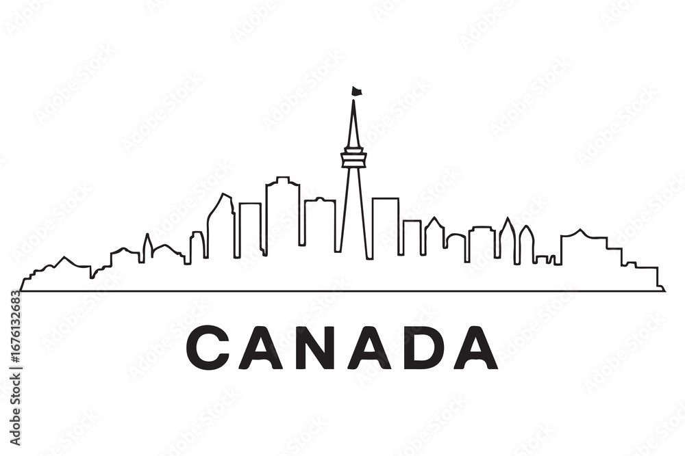 Fototapeta premium Minimal Canada Linear Skyline with Typographic Design. Vector black silhouette. with white background