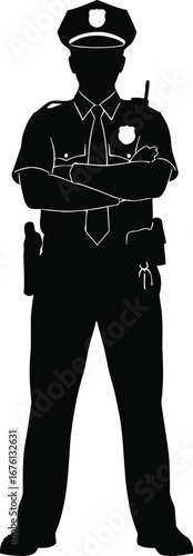 Silhouette of a police officer standing with arms crossed, isolated on transparent background