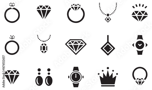Jewelry and luxury icons set with diamond, ring, necklace, earrings, crown, pendant, and watch for fashion, engagement, and wedding design