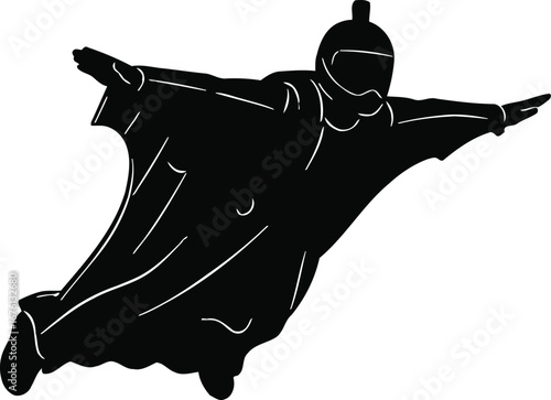 Silhouette of a skydiver in a wingsuit flying through the air isolated on transparent background