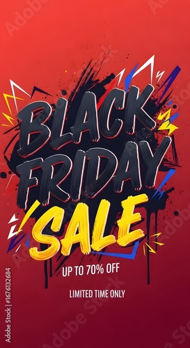 Black friday sale promotional graphic with red background and abstract shapes and text design