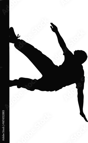Silhouette of a man performing a parkour move on a vertical pole, isolated on transparent background