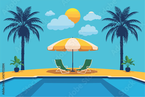 Relaxing poolside scene with lounge chairs and umbrella under palm trees Keywords: poolside, swimming pool, lounge