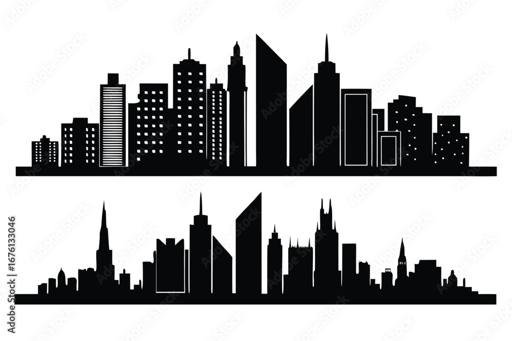 Fototapeta premium Two distinct black and white city skyline silhouettes with varied architectural styles on white background