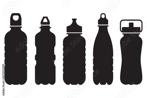 Set of silhouettes of water bottles. Vector black silhouette. with white background