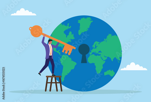 Vector illustration of a businessman standing on a stool holding a giant key to unlock the globe, symbolizing global opportunities, solutions, access, and unlocking worldwide potential
