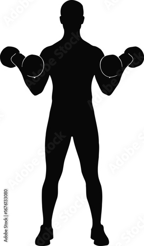 Silhouette of a man performing dumbbell bicep curls, isolated on transparent background