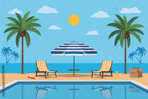 Summer resort scene with swimming pool palm trees and lounge chairs by the sea vacation beach