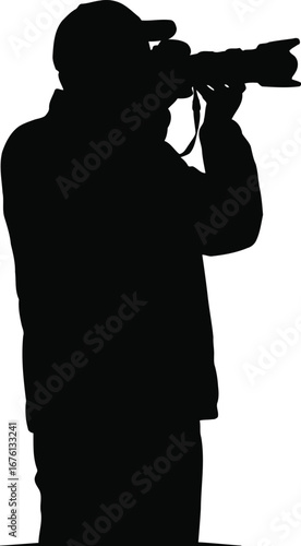 Silhouette of a photographer taking a picture isolated on transparent background