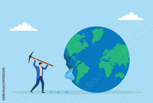 Vector illustration of a businessman using a pickaxe to break the globe and extract a diamond, symbolizing resource exploitation, global wealth, opportunity, and ambition
