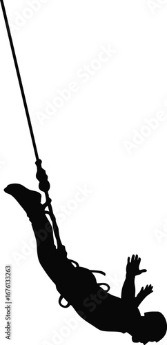 Silhouette of a person bungee jumping, falling through the air with a rope, isolated on transparent background