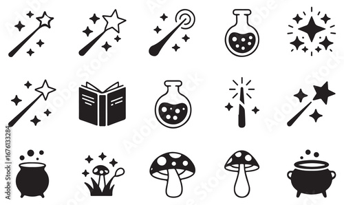 Outline and filled vector icons of magic, potion, book, wand, cauldron, and sparkles for fantasy, sorcery, and supernatural concepts