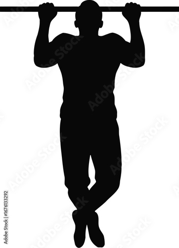 Silhouette of a man doing a pullup on a horizontal bar, isolated on transparent background