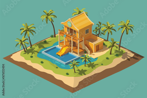 Isometric Tropical House With Water Slide And Swimming Pool home villa