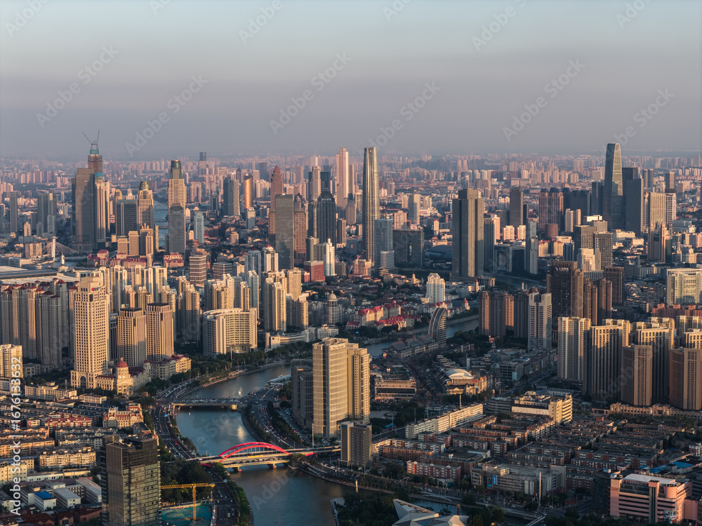Fototapeta premium Aerial view of Tianjin city skyline at dusk time, Tianjin, China