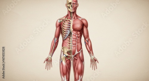Detailed Anatomical Illustration of Human Musculoskeletal System and Skull.