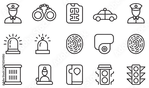 Minimal line icons pack of police, officer, patrol car, siren, fingerprint, traffic light, and security for legal system and law enforcement design