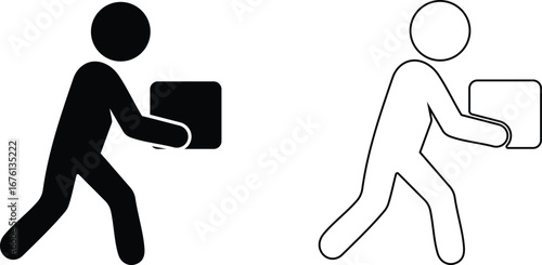 Stickman silhouette and outline icon of person carrying box, delivery worker symbol for shipping, courier, logistics, and moving services