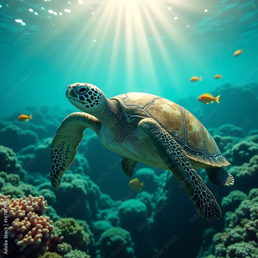 Fototapeta premium Swimming Turtle in Ocean Sunlight Underwater Marine Life