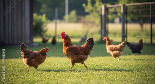 Rhode Island Red Chickens Roaming Freely on a Sunny Green Lawn in the Countryside
