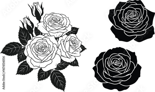 Rose bouquet and stylized flower silhouette vector with petals, leaves, buds for floral design, romantic art, and botanical themes