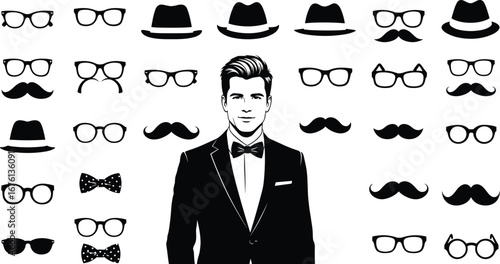 Men’s fashion silhouette vector with tuxedo, hats, glasses, mustaches, and bow ties for style, grooming, and character design themes