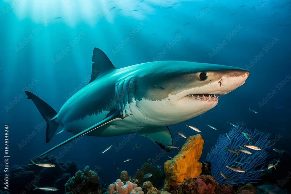 Fototapeta premium Great white shark swimming underwater in the ocean with sunlight rays
