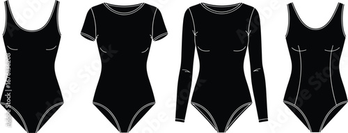 Women’s bodysuit silhouette vector with sleeveless, short sleeve, long sleeve styles for fashion design, garment comparison, and apparel themes