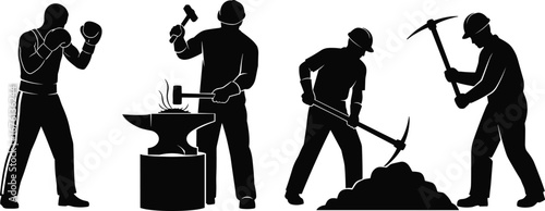 Silhouette vector of boxer, blacksmith, miner with pickaxe showing physical labor, strength, skill, and manual work in action