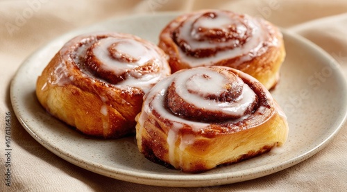 Three cinnamon rolls on a plate, glazed