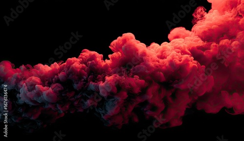 Abstract swirling crimson and dark smoke plumes on black background
