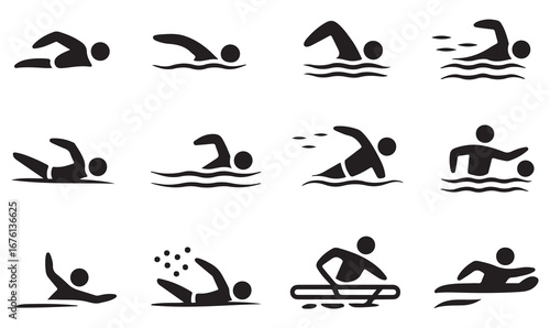 Outline vector silhouettes of swimming strokes including freestyle, backstroke, butterfly, and diving for competition and fitness concepts