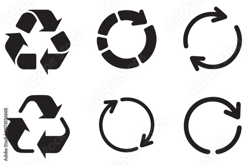 set of vector recycle symbols, reloading sign, rounded arrows collection, black outline, illustration refresh button. Vector black silhouette. with white background