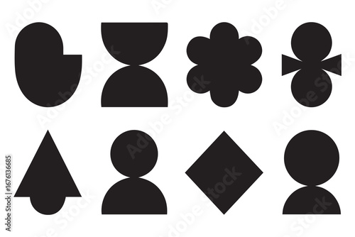 Abstract black geometric shapes silhouettes set. Modern trendy minimalist basic figures. Vector black silhouette. with white background