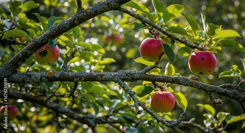 Ripe Red Apples Hanging on Mossy Branches in a Sunny Orchard, Bokeh Background