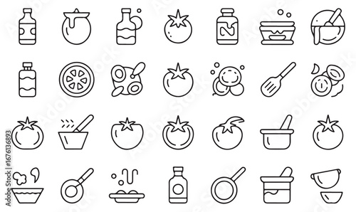 Minimal line icons collection of cooking, bowl, spoon, tomato, salad, chopping board, and recipe elements for kitchen and food design