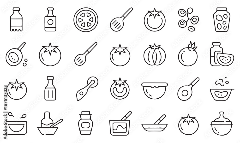 Fototapeta premium Outline vector icons of food preparation including tomato, sauce, pan, knife, salad, and kitchen utensils for gastronomy and dining concepts