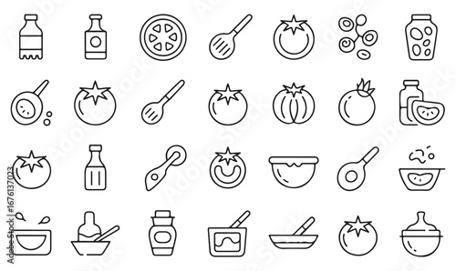 Outline vector icons of food preparation including tomato, sauce, pan, knife, salad, and kitchen utensils for gastronomy and dining concepts