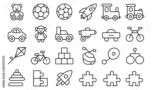 Children’s play outline icons collection with fun toys, rocket, doll, blocks, ball, car, train, and shapes for nursery and toddler design