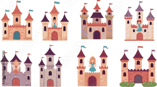 A set of fairy castles for princesses in the flat style.
