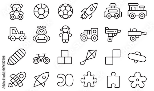 Children’s toy line icons set with teddy bear, rocket, train, doll, car, ball, puzzle, and kite for play, fun, and entertainment design