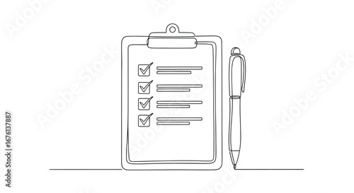 Clipboard with checklist and pen, line art