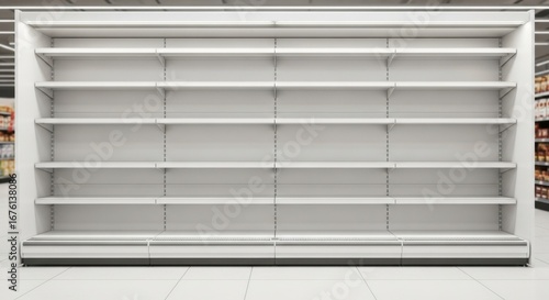 Bright empty white retail store shelves in a clean supermarket aisle awaiting products