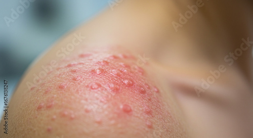 Close up of painful shingles rash on shoulder causing discomfort and irritation of the skin