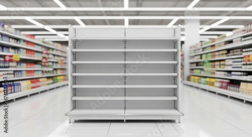 Empty White Retail Display Shelf in Modern Supermarket Aisle Highlighting Stockout or New Product Space