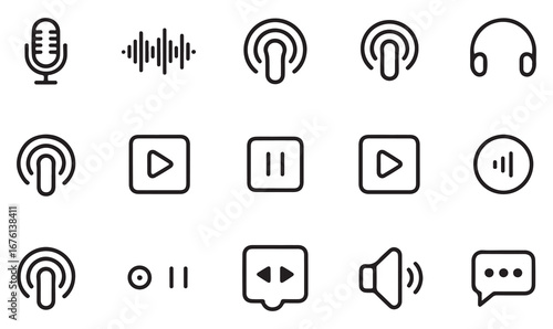 Wallpaper Mural Audio and podcast line icons set with microphone, headphones, play, pause, sound, volume, playlist, and communication symbols for media design Torontodigital.ca